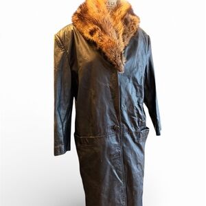 Women's Black Leather Coat with Fur Collar